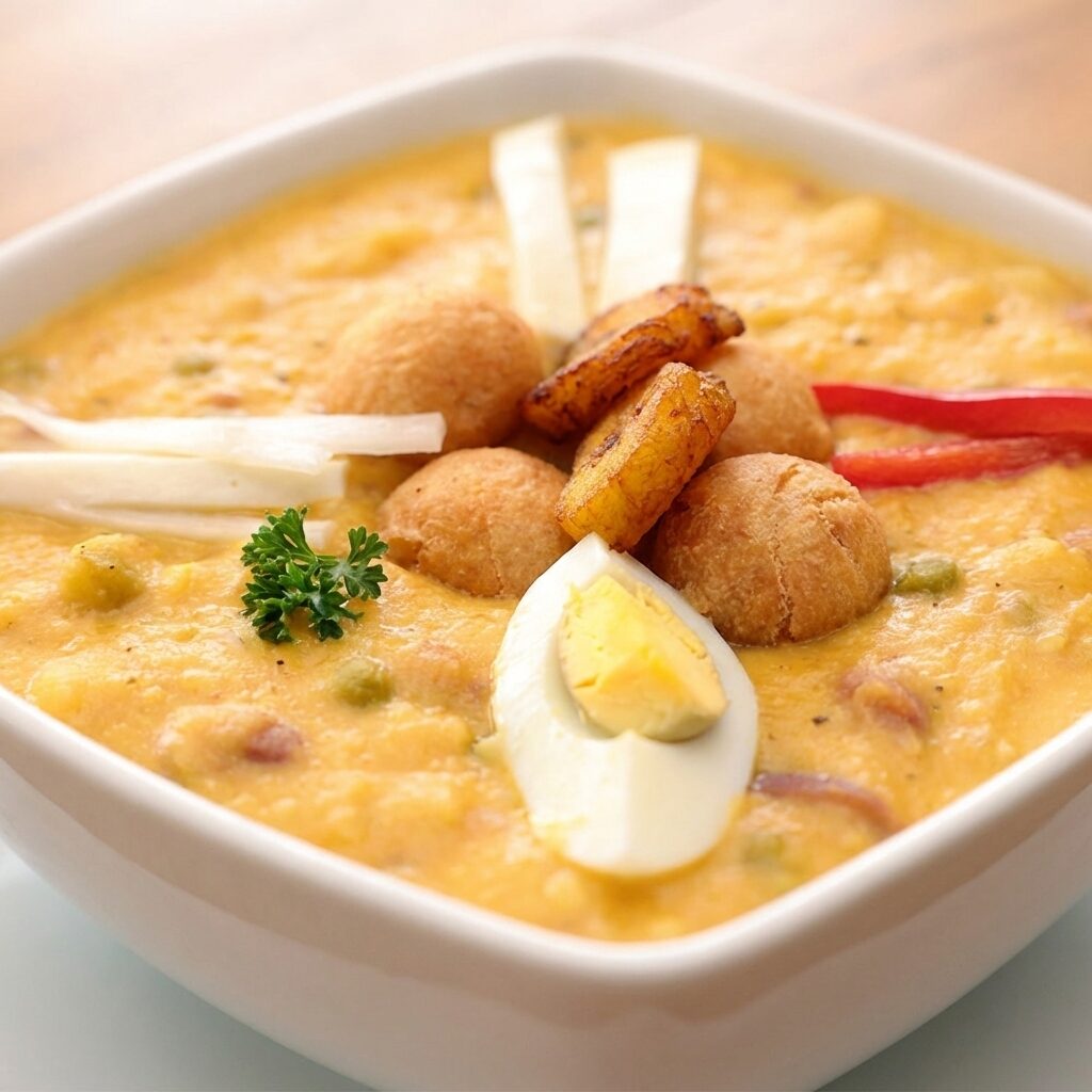 Receta fanesca ecuatoriana tradicional servida en plato blanco con huevo, queso, maduro y empanadas — Micasa Restaurante Quito