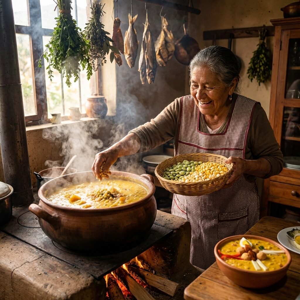 Historia de la fanesca ecuatoriana — mujer cocinando fanesca tradicional en olla de barro con leña, tradición Semana Santa Ecuador