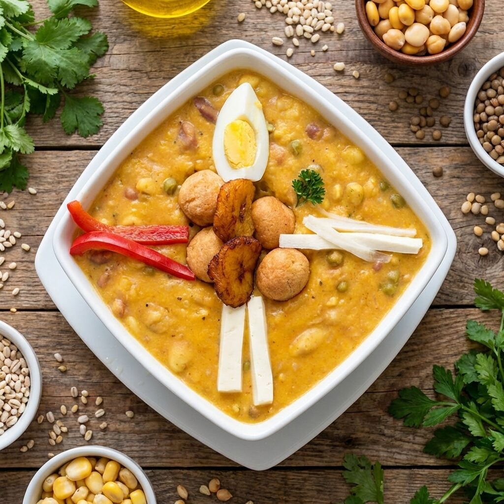 Qué lleva la fanesca ecuatoriana — los 12 granos tradicionales en bowls alrededor del plato, Micasa Restaurante Quito